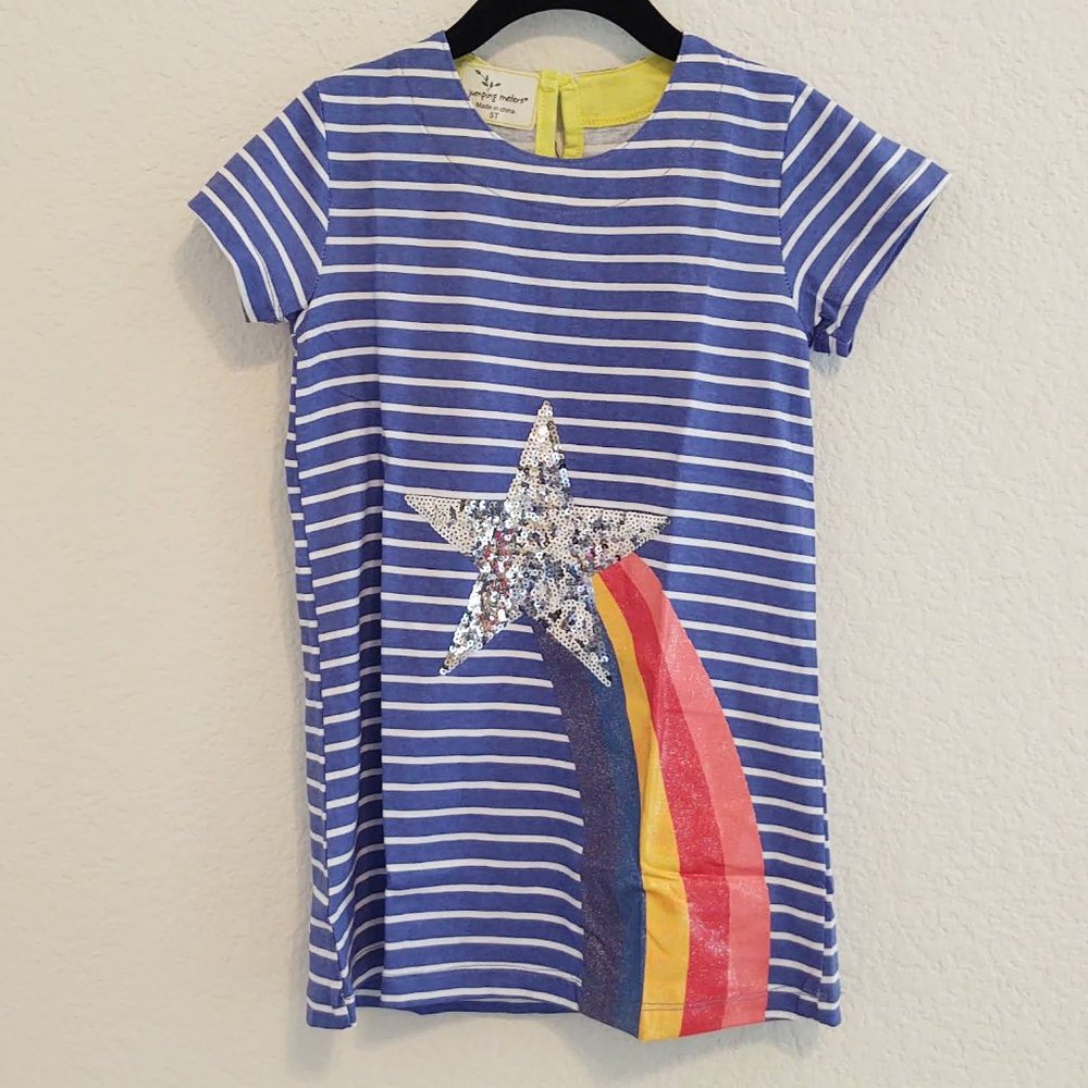 Rainbow Star Sequin Dress Short Sleeve Girls Blue
